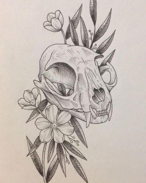 Cat Skull With Flowers Tattoo, Cat Skull And Flowers Tattoo, Cat Skull Outline, Cat Skull Sketch, Animal Skull Drawing Sketches, Animal Skulls Drawing, Animal Skull And Flowers, Cat Skull With Flowers, Cat Skull Illustration