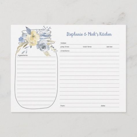 Dusty Blue Floral Mason Jar Recipe Cards Include this recipe card with your bridal shower invites to help build the newlyweds' recipe collection. I can make this card to match any of designs...please contact me if interested. info@lemontreecards.com AddYourOwnText - Create your own present. Click thru to create your unique gift. Recipes For Newlyweds, Wedding Shower Food, Mason Jar Recipe, Scrapbook Recipe Book, Shower Hostess Gifts, Recipe Book Templates, Recipe Cards Template, Blue Bridal Shower, Bridal Shower Cakes