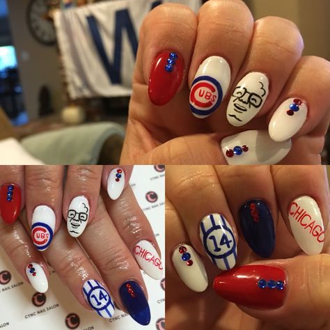 Chicago Cubs Nails, Cubs Nails, Baseball Nail Designs, Baseball Nails, California Nails, Nail Designs Bling, Sports Nails, Pinterest Challenge, Magic Nails