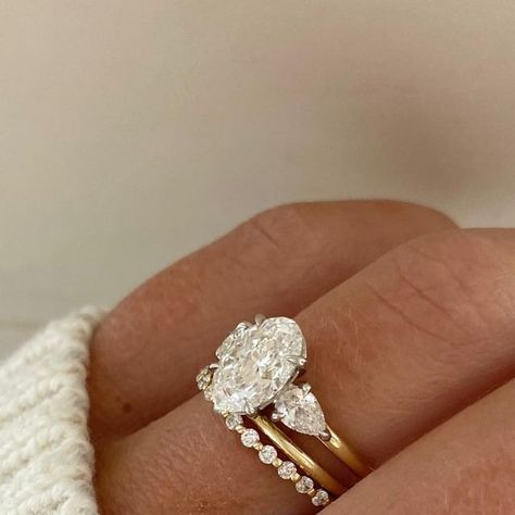 Engagement Right With Wedding Band, Three Stone Engagement Ring And Wedding Band, Three Stack Wedding Ring, Oval Diamond Stack, Stackable Oval Wedding Rings, Engagement Rings With Diamond Band, Oval Engagement Ring Stack, Engagement Ring Stacks, Wedding Stack