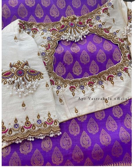 Gold Colour Blouse Designs Latest, Blouse Design Embroidery Work, Aravanki Maggam Blouse Designs, Lavender Colour Blouse Designs, Blouse Long Sleeves Design, Cream Blouse Work Design, Silver Jari Work Blouse Design, Silver Maggam Work Blouse Designs, Bridal Aari Work Blouse Designs