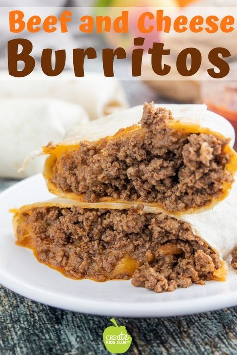 Looking for easy make ahead meals for kids?  A beef and cheese burrito is a simple freezer meal idea. Make ahead of time and simply reheat for lunch, dinner, or in a lunchbox. #makeaheadmeals #freezermeals #beefburrito #easydinnerrecipe #makeaheadrecipe #healthydinnerforkids #easydinnerforkids #beefandcheeseburrito #easymexicanfood #createkidsclub Make Ahead Meals For Kids, Beef And Cheese Burritos, Cheese Burrito Recipe, Easy Make Ahead Meals, Homemade Burritos, Burritos Beef, Meals Beef, Camping Meals For Kids, Cheese Burrito