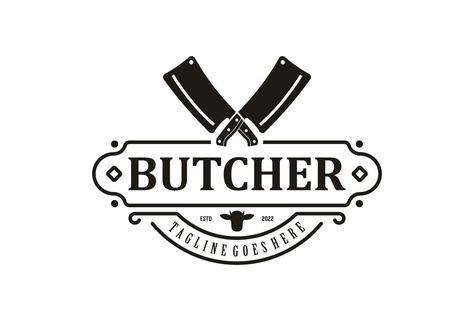 Vintage Butcher shop label logo design. Crossed Cleaver Knife with Angus Head icon vector design Butcher Illustration, Butcher Shop Logo, Butcher Shop Branding, Label Logo Design, Vintage Butcher Shop, Butcher's Cut, Cleaver Knife, Butcher Shop, Heart Tree