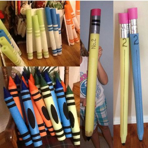 noodle school supplies Pool Noodle Crayons, Pool Noodle Activities, Tent Backdrop, Pool Noodle Crafts, Teacher Breakfast, Back To School Pictures, Bored Teachers, Art Classroom Decor, Pool Noodle