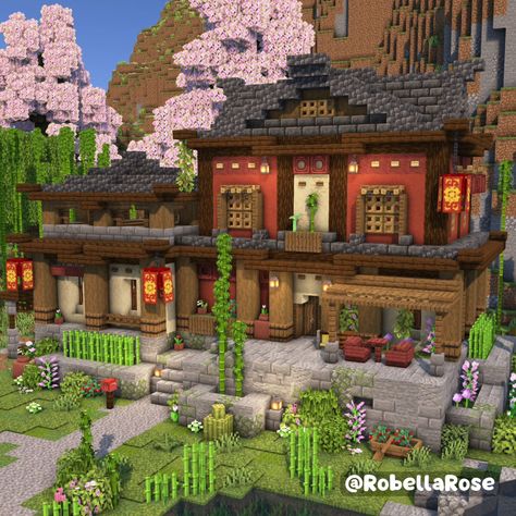 Minecraft House Garden Ideas, Pink Japanese House Minecraft, Mountain Minecraft Builds, Shop Minecraft Build, Japanese City Minecraft, Japanese Style House Minecraft, Furnace Room Ideas Minecraft, Minecraft Town Hall Ideas, Forest House Minecraft