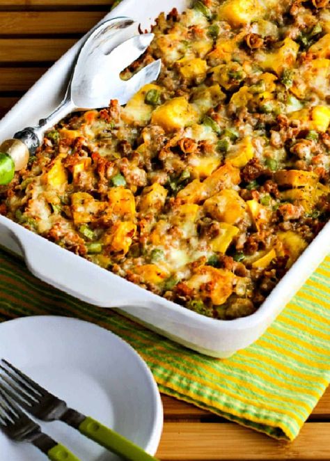 Delicata Squash and Sausage Gratin – Kalyn's Kitchen Sweet Potato Squash, Easy Delicious Casseroles, Potato Squash, Delicata Squash Recipe, Autumn Dinner, Delicata Squash, Green Bell Pepper, Roasted Squash, Best Dinner Recipes