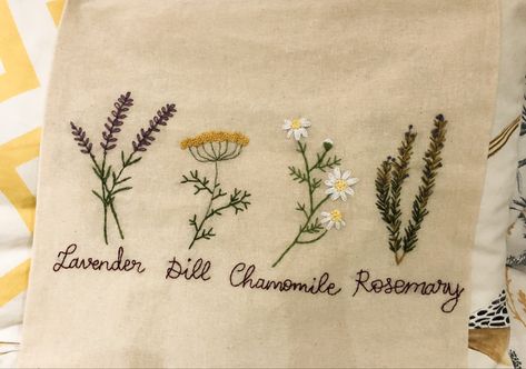 Herb Embroidery Patterns, Apron Embroidery Ideas, Dill Embroidery, Rosemary Embroidery, Embroidered Herbs, Herbs Embroidery, Tiny Embroidery Ideas, Herbal Embroidery, Chamomile Embroidery