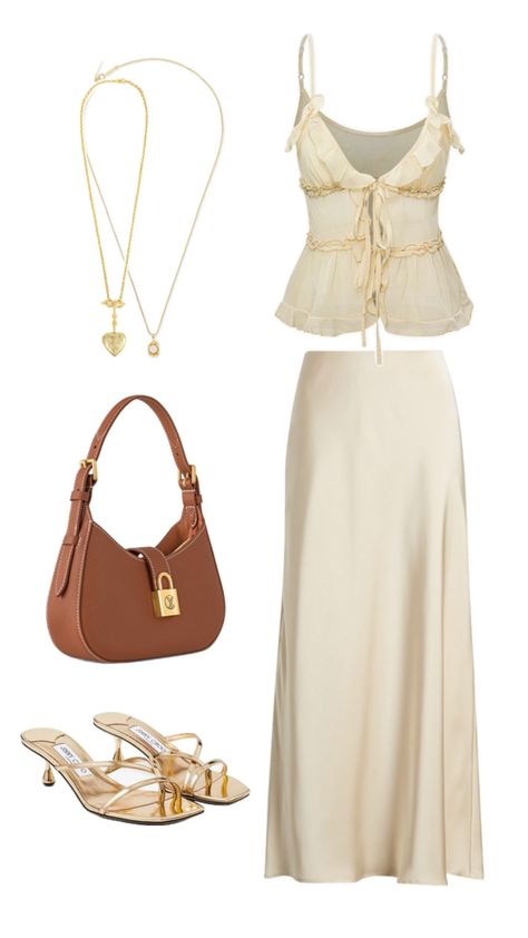 maxi skirt | silk skirt | outfit inspiration | outfit collages Skirt Brunch Outfit, Silk Maxi Skirt Outfit, Maxi Skirt Silk, Skirt Outfit Inspiration, Silk Skirt Outfit, Outfit Collages, Skirt Silk, Business Outfits Women, Elegant Dresses Classy