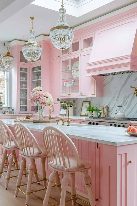 33 Gorgeous Barbie Pink Kitchen Design Ideas That Evoke Playful Elegance Light Pink Kitchen, Barbie Cottage, Light Pink Interior, Girly House, Pink Kitchen Designs, Retro Pink Kitchens, Pink Kitchens, Cottage Pink, Pink Cabinets