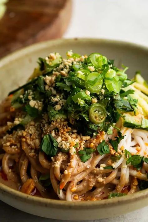 Cold Sesame Noodles - Whisper of Yum Sesame Noodles Recipe, Cold Sesame Noodles, Salad Add Ins, Tahini Dressing Recipe, Chili Oil Recipe, Cold Soba, Salad Art, Sliced Cucumber, Fresh Eats