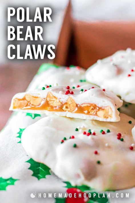 Polar Bear Paws! These classic polar bear claws offer a nostalgic mix of creamy caramel, crunchy peanuts, and smooth white almond bark, perfect for holidays and special occasions. | HomemadeHooplah.com Polar Bear Claws, Xmas Bakes, Polar Bear Paws, Bear Claw Recipe, Homemade Caramel Candy, Polar Bear Paw, Thumbprint Cookie, Easy Christmas Candy Recipes, White Almond Bark