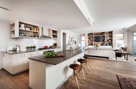 Use consistent styling in an open floor plan space Dapur Moden, Small Open Plan Kitchens, Apartemen Studio, Model Dapur, Open Floor Plan Kitchen, Living Room Floor Plans, Living Room And Kitchen Design, Open Kitchen And Living Room, Dining Room Floor