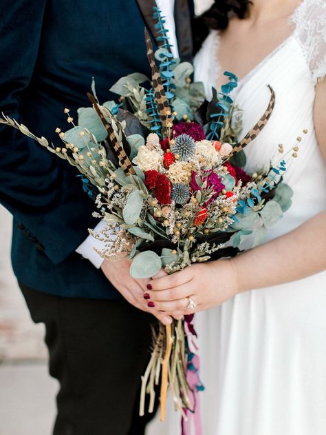 Wedding Bouquet With Feathers, Bouquet With Feathers, Fall Wedding Bouquet, Wedding Swag, Forest Theme Wedding, Velvet Wedding, Wedding Concept, Wedding Party Flowers, Pheasant Feather