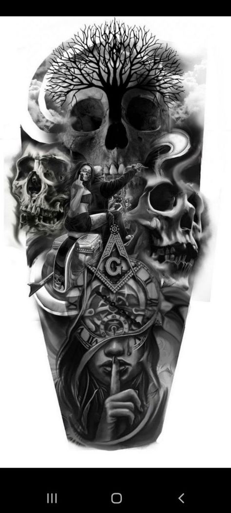 Viking Skull Tattoo Design, Skulls Tattoo Sleeve, Dark Sleeve Tattoo Men, Demonic Tattoos For Men, Demon Back Tattoo, Demon Tattoo Sleeve, Skull Tattoos Design, Demon Skull Tattoo Design, Evil Tattoos Demons