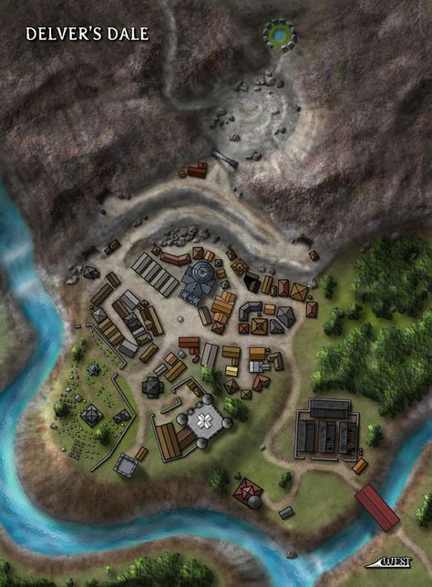 This mining town called Delver's Dale was one of a few Maps of Mystery created for the web-based incarnation of Dungeon Magazine after the print edition game to an end. Mining Village, Fantasy City Map, Village Map, Map Layout, Fantasy Town, Fantasy World Map, Mining Town, Tabletop Rpg Maps, Fantasy Maps