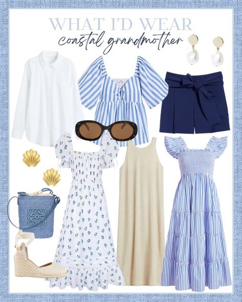 Blue And White Summer Aesthetic, The Hamptons Aesthetic Outfits, Hamptons Outfit Aesthetic, Grandmillenial Style Outfit, Grandmillenial Outfits, Cape Cod Summer Outfits, Beach House Outfit, Cape Cod Fashion, Cape Cod Outfit Summer