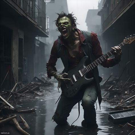 It’s A zombie playing the guitar. In the middle of an abandoned NYC Zombie Blood, J Black, Awesome Pictures, Band Stuff, Creepy Art, Mixtape, Heavy Metal, Zombie, Guitar