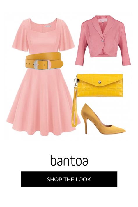 Bolero mujer rosa viscosa Bpc Selection Premium, Cinturón mujer marrón Bpc Bonprix Collection, Salones mujer amarillo mostaza tacón de aguja de punta viscosa 8 By Yoox, Bolso de mano mujer amarillo con diseños My-Best Bags, Vestido mujer rosa de manga corta Grace Karin Best Bags, Anne Klein, Polyvore Image, Polyvore