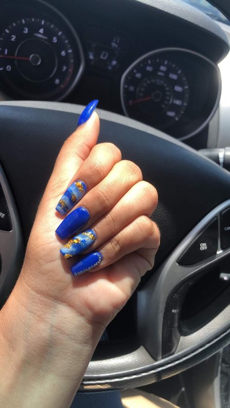 Carolina Blue Nails Designs, Short Almond Royal Blue Nails, Royal Blue Nails Swirl, Rolay Blue Acrylic Nails, Carolina Blue Nails Acrylic, Royal Blue Nails, Marble Nails, Gold Flakes, Blue Nails