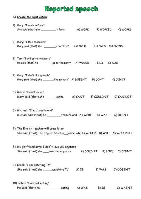 Reported Speech Worksheet With Answers, English Liveworksheet, Direct And Indirect Speech, Letter B Worksheets, Indirect Speech, Direct Speech, Grammar Posters, Christmas Learning, English Grammar Exercises