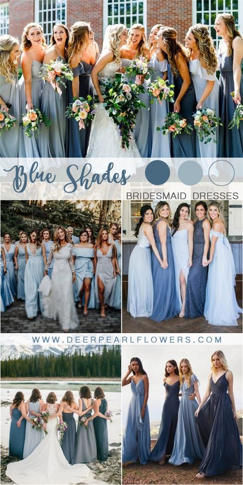 Mixed Blue Bridesmaid Dresses, Shades Of Blue Wedding, Wedding Color Ideas, Wedding Bridesmaids Dresses Blue, Wedding Color Trends, Mismatched Bridesmaids, Mismatched Bridesmaid Dresses, Wedding Colors Blue, Dusty Blue Weddings