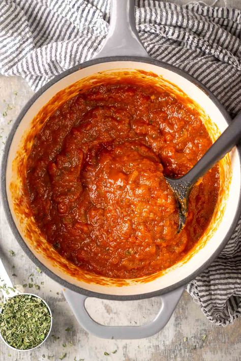 This quick tomato sauce can be made on short notice with a handful of pantry ingredients and used for pasta, lasagna, and pizza. Quick Homemade Tomato Sauce, Tomato Sauce For Lasagna, Pasta Sauce With Tomato Paste, Tomato Sauce From Canned Tomatoes, Easy Tomato Sauce Recipe, Roma Tomato Sauce, Tomato Sauce Homemade, Quick Tomato Sauce, Sauces Recipes