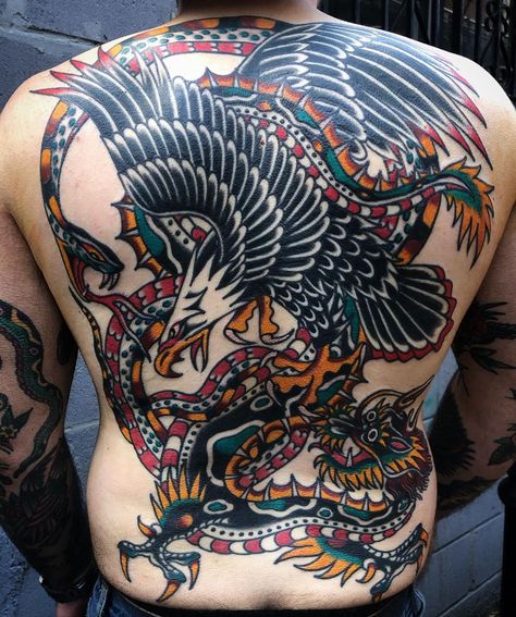 Tim Pausinger on Instagram: “It’s back piece season. Let’s do your back next!! @pearlharborgiftshop ♣️♣️♣️” American Traditional Battle Royale, Back Piece Tattoo Men Traditional, Bird Back Piece Tattoo, Battle Royale Tattoo, Traditional Back Piece Tattoo, Eagle Back Piece Tattoo, Traditional Tattoo Back Piece, Royal Tattoo, Old School Design