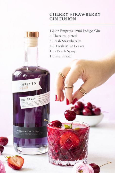 Love summer berries? 🍒🍓 Try this Cherry Strawberry Gin Fusion recipe by @annie_siegfried—it's a refreshing delight! METHOD: Muddle fresh cherries, strawberries, and mint leaves directly in a cocktail glass.⁣ Add ice, peach syrup, juice of 1 lime and Empress 1908 Indigo Gin.⁣ Stir to combine & enjoy! Summer Brew, Strawberry Gin, Cherry Strawberry, Gin Recipes, Peach Syrup, Gin Drinks, Cocktail Book, Fancy Drinks, Summer Cocktail Recipes