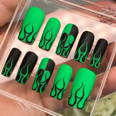 It’s giving Shego 🖤💚 would you wear these?! #pressons #pressonnails #nailart #pressonbusiness #shegonails #90snailart #flamenails 90s Nails, Gel Press, Press Ons, Nail Design, Press On Nails, Hair And Nails, Design Ideas, Nail Art, Nails