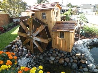 build a small water wheel | Mill building with 36" Water wheel kit | Outdoor landscaping Waterwheel Fountain, Waterwheel House, Windmill Water, Water Wheels, Diy Garden Fountains, Indoor Waterfall, Backyard Water Feature, Water Mill, Diy Water