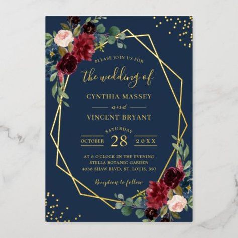 $3.75 | Burgundy Red Floral Navy Blue Premium Gold Wedding #gold foil, wedding, real gold, luxurious, navy blue, geometric frame, gold frame, elegant, watercolor flowers, autumn wedding Navy Blue Wedding Theme, Navy And Burgundy Wedding, Navy Gold Wedding, Burgundy Invitations, Blue Gold Wedding, Red Wedding Theme, Gold Foil Invitation, Navy Blue Wedding Invitations, Maroon Wedding