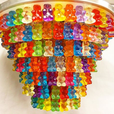 The custom 7 tier Gummy Chandelier 25" diameter x 14" tall 1500 hand cast gummy bears  #kevinchampeny #art #artist #sculpture #sculptor #design #gummy #craft #handmade #food #gummibears #gummybears #candy #sweet #colors #casting #lighting #candelier #jellio by kevinchampeny You can follow me at @JayneKitsch Gummy Bear Chandelier, Paw Patrol Birthday Party Cake, Jason Freeny, Bear Lamp, Artist Sculpture, Candy Room, Geometric Table Lamp, Handmade Food, Summer Deco