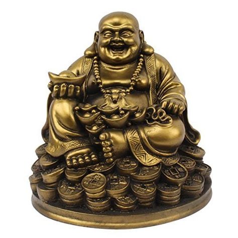 BuyRudraksha Fengshui Laughing Buddha Sitting on Lucky Money Coins carrying Golden Ingot for Good luck  Happiness * For more information, visit image link. (This is an affiliate link and I receive a commission for the sales) Laughing Buddha Statue, Buda Wallpaper, Feng Shui Good Luck, Image Zen, Holy Symbol, Marriage Anniversary Gifts, Buddha Tattoos, Meditation Garden, Lucky Money