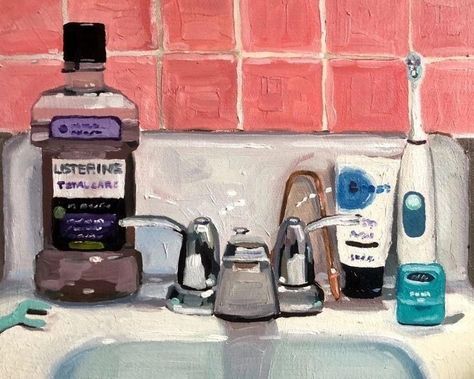 Painting Of Bathroom, Routine Artwork, Clutter Painting, Sink Illustration, Sink Painting, Shower Painting, Objects Painting, Sink Drawing, Bathroom Paintings