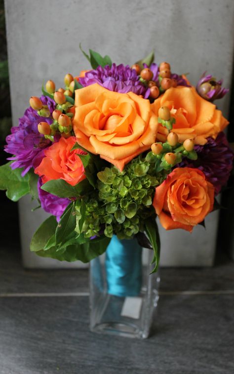 Teal, orange, and purple. How fun! Purple Teal Orange Wedding, Teal And Orange Tablescapes, Swim Banquet, Orange Centerpieces, Purple Flower Arrangements, Fall Purple, Gorgeous Wedding Bouquet, Orange Birthday, Purple Food