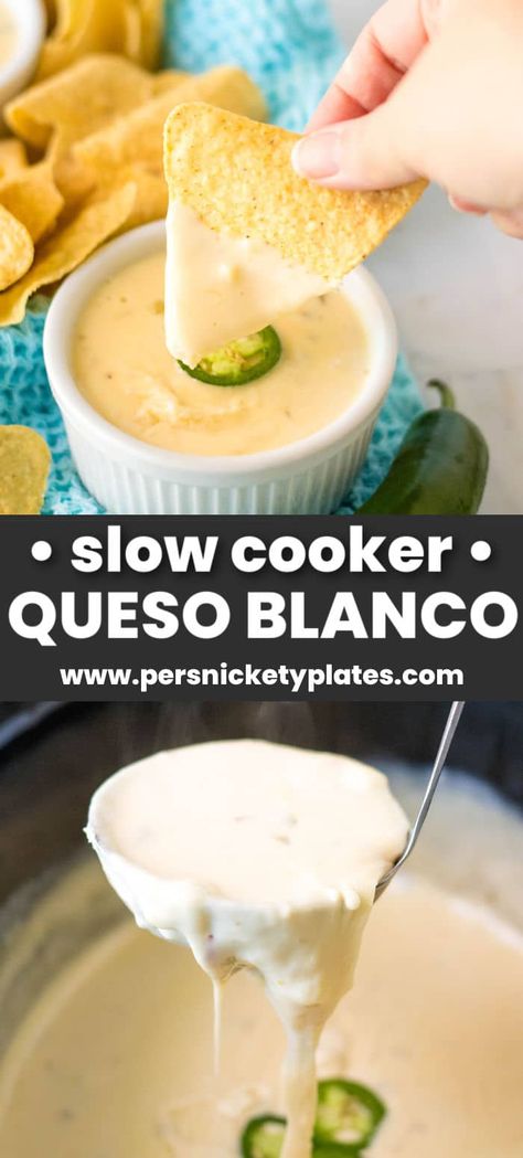 Slow Cooker Queso Blanco (aka white queso dip) is made with just four ingredients and no Velveeta! Restaurant quality made in just minutes in the crockpot. Velveeta Queso Blanco Dip Crock Pot, Slow Cooker Queso Blanco, Slow Cooker Queso Dip Velveeta, Velveeta White Queso Dip Crock Pot, Cheese Dip Recipes Velveeta Queso Blanco, Crockpot Queso No Velveeta, Slow Cooker White Queso, Crock Pot Queso Blanco, Slow Cooker White Queso Dip