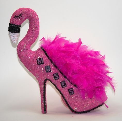 Krewe Of Muses Shoes, Repurposed Shoes, Shoe Transformation, Novelty Shoes, Flamingo Purse, Bedazzled Shoes Diy, Flamingo Shoes, Muses Shoes, Flamingo Costume