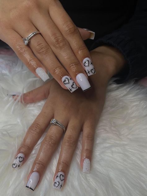 Short Acrylic Nails With J Initial, Cute Nails Polygel, Square Acrylic Nails Black And White, All White Nail Designs, Hiphop Nails, Athletic Nails, White Short Square Nails, Promotion Nails, Acrylic Toe Nails