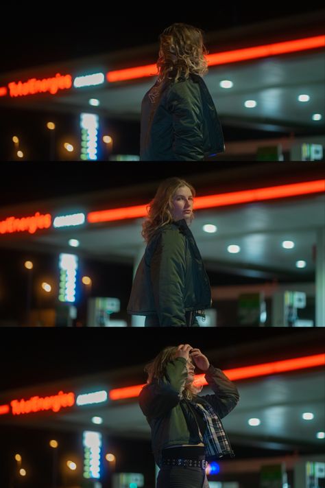 Night Aesthetic Photography, Night Light Photoshoot, Petrol Station Photography, Photography Low Light, 35mm Film Photography Aesthetic Night, Vintage Look Photoshoot, Night Aesthetic Portrait, Night Shoot Aesthetic, Night Cinematic Photography