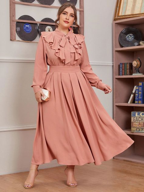 Frock Design Ideas, Ruffle Frock, Shirt Dress Plus Size, Elegant Wrap Dress, Pleated Shirt Dress, Beautiful Casual Dresses, Tie Neck Dress, Muslim Women Fashion, Bridal Dress Fashion