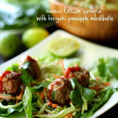 Asian Lettuce Wraps with Teriyaki Pineapple Meatballs - Kim's Cravings Aidells Teriyaki Pineapple Meatballs, Teriyaki Pineapple Meatballs, Meatball Lettuce Wraps, Teriyaki Meatballs Recipe, Teriyaki Pineapple, Pineapple Meatballs, Teriyaki Chicken Meatballs, Asian Lettuce Wraps, Meatballs And Rice