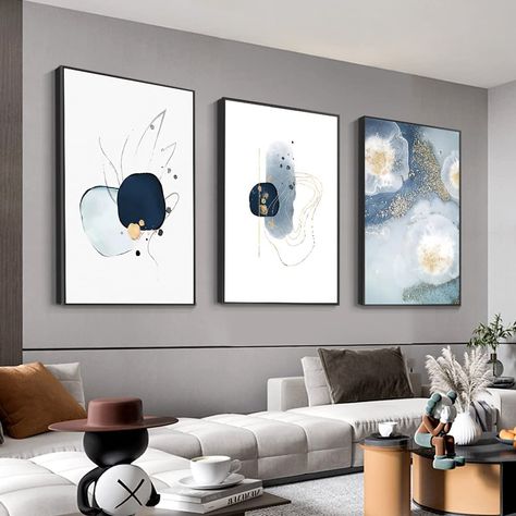 3 Framed Abstract Canvas Wall Art, Artwork in Blue, White and Grey, Simple and Elegant for Living Room Bedroom Office Decor 16" x 24" x 3 Pieces Gold Art Print, Bedroom Office Decor, Artwork For Living Room, Contemporary Style Homes, Abstract Canvas Wall Art, Framed Abstract, Elegant Bedroom, 3 Piece Wall Art, Picture Frame Art