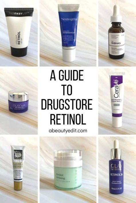 This drugstore retinol guide will help you make sense of the large selection of retinoid serums, creams, gels and oils that are available at the drugstore. Retinol is effective at increasing cell turnover and collagen production, smoothing the skin, reducing pigmentation, preventing wrinkles and skin texture and even treating acne. #drugstoreretinol #drugstoreskincare #antiagingskincare #retinoids #retinol Retinol Guide, Drugstore Retinol, Natural Hair Treatments, Retinol Eye Cream, Skin And Hair Care, Drugstore Skincare, Natural Moisturizer, Hair Care Products, How To Treat Acne