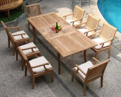 Grade-A Teak Wood Luxurious Dining Set Collections: 9 pc - 94" Double Extension Rectangle Table and 8 Sack Arm / Captain Chairs Teak Patio Table, Double Extension, Small Patio Furniture, Teak Garden Furniture, Beachfront Decor, Teak Patio Furniture, Outdoor Patio Table, Teak Outdoor Furniture, Backyard Furniture