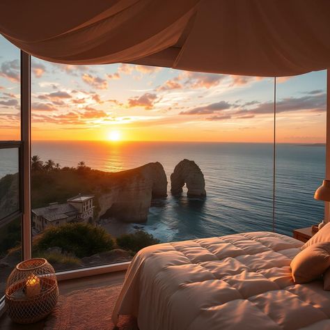 Craft a romantic bedroom with floor-to-ceiling windows showcasing dramatic sunsets over coastal cliffs. Fall asleep to colorful skies. #CoastalSunsetView #OceanBedroom 🌅 Sunset Bedroom, Colorful Skies, Coastal Cliffs, Ocean Bedroom, Glass Bedroom, Yellow Sunset, Bedroom Window, Romantic Bedroom, Bedroom Windows