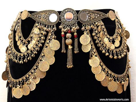 Belly Dance / Tribal Coin Belt With Binty Bells, Coins & Mirror Medallion - Gold Tone Make Your Own Costume, Belly Dance Bra, Coin Belt, Belly Dance Belt, Cross Belt, Dance Bras, Dancer Wear, Jitterbug, Competition Costumes