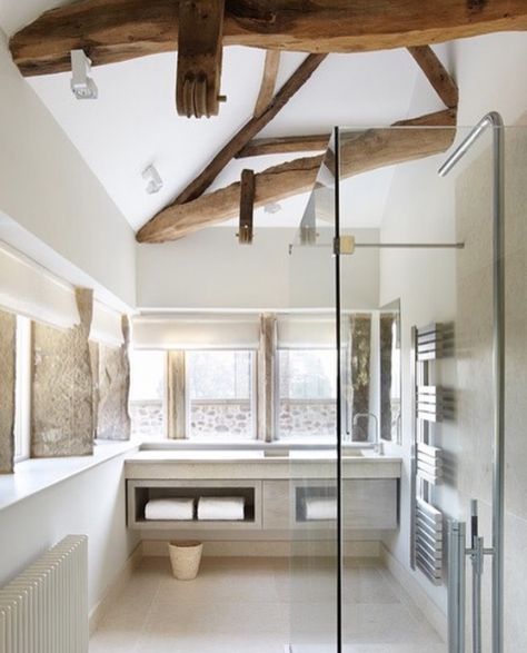 Bathroom With Beams, Stone Bathroom Design, Quarry House, Bathroom Countertops Diy, Skylight Bathroom, Countertops Diy, York Stone, Bathroom Inspiration Modern, Stone Bathroom