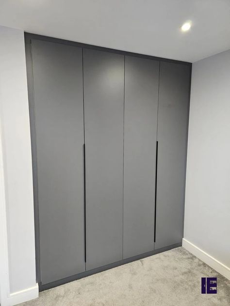 Hinged Wardrobes Set Dark Grey Wardrobe Bedroom, Dark Grey Wardrobe, Grey Wardrobe Bedroom, Light Gray Bedroom, Hinged Wardrobe, Custom Shelves, Grey Wardrobe, Boys Wardrobe, Grey Theme