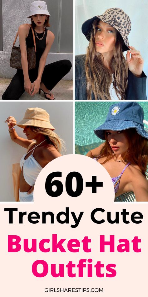 Outfits With A Bucket Hat, Trendy Bucket Hats, Bucket Hat Styling, Cute Bucket Hat Outfits Summer, Womens Bucket Hat Outfit, Straw Bucket Hat Outfit, Bucket Hat Outfit 90s, Outfits With Bucket Hats Summer, Bucket Hat Outfit Fall