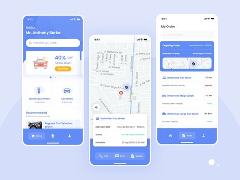 Mobile App - Car wash service for Washee by Lutfi Aziz on Dribbble Laundry App Ui Design, Mobile Car Wash Business Cards, Car Wash Design Logo, Car Washing Logo Design, Mobile Car Wash Logo, Car Wash Services, App Ui Design, App Ui, Car Maintenance